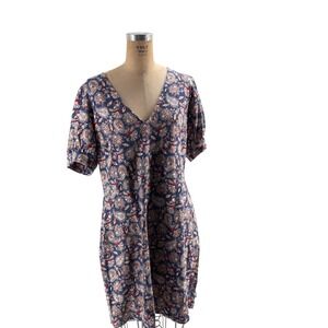 Madewell Blue Paisley Floral Cotton V-Neck Puff Sleeve Shift Dress D0555 L